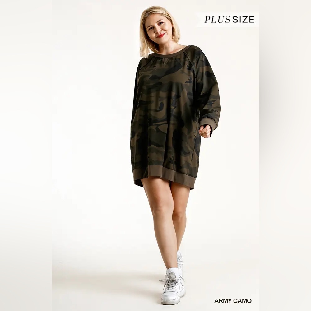 Umgee French Terry Camo Print Raw Edged Dress - Picture 2 of 3